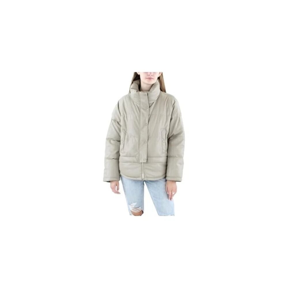 DKNY Jeans Womens Faux Leather Short Puffer Jacket Tan Size Large Was $189